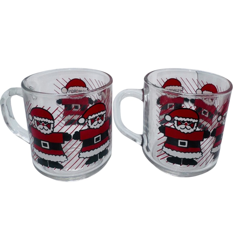 MCM Vintage Lumiramic Christmas Santa Claus Glass Mugs Set of 2 France 3.5in